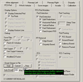 This figure shows a screenshot of the pedestrian detection (PD) interface. There is a cursor arrow that indicates the selection option to stop capture and store captured stereo data to permanent storage on a disk.