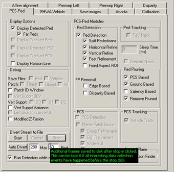 This figure shows a screenshot of the pedestrian detection (PD) interface. There is a cursor arrow that indicates the selection option that specifies the number of additional video frames saves to disk after “Stop” is selected during data storage to the disk.