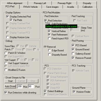 This figure shows a screenshot of the pedestrian detection (PD) interface. There is a cursor arrow that indicates the selection option that enables the PD algorithm to run in the live system.