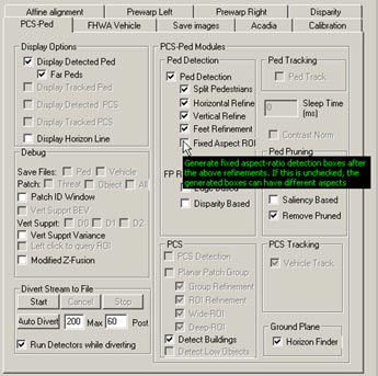 This figure shows a screenshot of the pedestrian detection (PD) interface. There is a cursor arrow that indicates the selection option that enables the PD algorithm to maintain a fixed aspect ratio when detection boxes are refined.