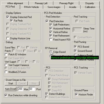 This figure shows a screenshot of the pedestrian detection (PD) interface. There is a cursor arrow that indicates the selection option that enables the algorithm to use image edge information to reject false positives (FPs).