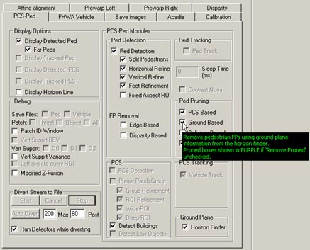 This figure shows a screenshot of the pedestrian detection (PD) interface. There is a cursor arrow that indicates the selection option that enables the PD algorithm to use ground plane and horizon information to reject false positives (FPs).
