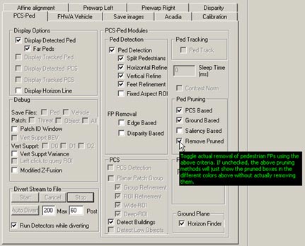 This figure shows a screenshot of the pedestrian detection (PD) interface. There is a cursor arrow that indicates the selection option that enables the PD algorithm to reject false positives (FPs) detected by the three previous rejection algorithms.