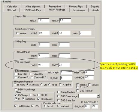 This figure shows the pedestrian classifier (PC) interface. There are circled boxes that indicate the selection options where the operator can specify the size of window padding around a detection box. This is used to create a larger classifier region of interest.