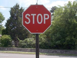 This photo shows a close-up of a standard retroreflective STOP sign. From top to bottom, the background for the sign consists of blue sky, green trees, green shrubs, a short stone wall, a curb, and a paved street. The sign itself, which occupies most of the center of the photo, consists of four white letters spelling the word “STOP on a red background with a white border in the standard octagonal layout.