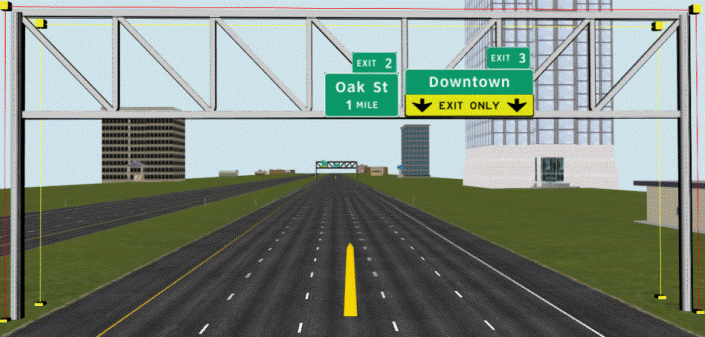 Figure 67. Screenshot. SS 5-B: Initial signs viewed when sign spreading is used. This figure shows a screen shot of sign set (SS) 5-B, which has a sign over lane 1 and a sign over lane 3.The Davenport sign over lane 3. The remaining three lanes do not have any signs.