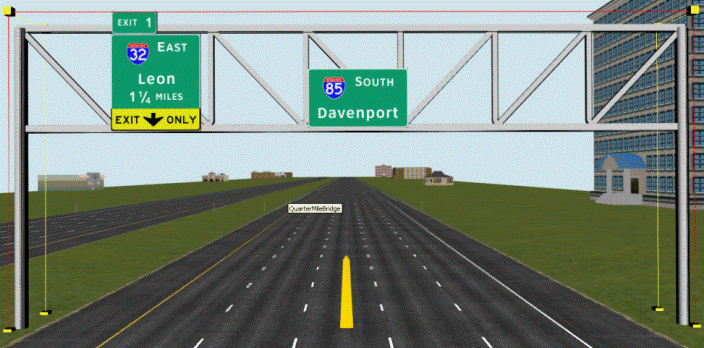 Figure 68. Screenshot. SS 5-B: sign spreading across SBs. This figure shows a screen shot of sign set (SS) 5-B, which has a sign over lane 3 and a sign spanning lanes 4 and 5. The remaining two lanes do not have any signs.