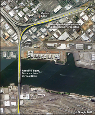 This photo shows an aerial view of the scenario 1 roadway. There is a four-lane freeway bridge deck highlighted in yellow that spans across a body of water. It then splits to the left and the right, with the yellow highlighting following the path to the right. The solid yellow line indicates the extent of the video footage. The line then becomes dashed, which indicates the remainder of the intended route, not shown during the scenario.