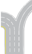 This illustration shows a response option for scenario 1 critical point 1. There is a four-lane single direction highway that splits to the left and the right. The second-to-right lane is an option lane, where drivers can decide to drive to the left or right from that lane. The left splits into three lanes (which includes the option lane), and the right splits into two lanes (which includes the option lane).