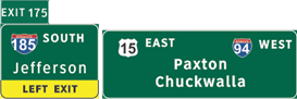This illustration shows sign set B for topic 3 question 3. There are two signs next to each other. The sign on the left has a plaque attached to the top left labeled  Exit 175.  The main part of the sign is labeled  185 South Jefferson.  The bottom of the sign is yellow and is labeled  Left Exit.  The sign on the right has three labels: one on the top left, one on the top right, and one in the center. The labels are as follows:  15 East,   94 West,  and  Paxton Chuckwalla,  respectively.