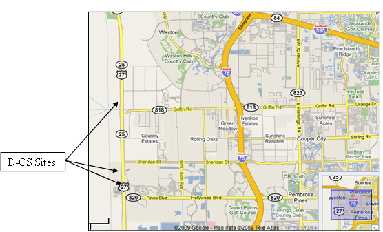 Figure 4. Map. Fort Lauderdale D-CS sites. Three detection-control system sites are labeled on U.S. 27 in Fort Lauderdale, Florida: one at Griffin Road (State Route 818), one at Johnson Road, and one at Pines Boulevard (State Route 820).