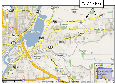 Figure 10. Map. Washington, IL, D-CS sites. The map shows two detection-control system sites on U.S. 24 near Peoria, IL.