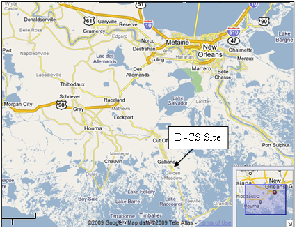 Figure 13. Map. Louisiana D-CS site. This map shows a detection-control system site on a highway near Galliano, LA.