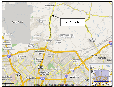 Figure 15. Map. San Antonio, TX, D-CS site. This map shows a detection-control system site on U.S. 281 near San Antonio, TX.