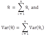 Figure 25. Equation. Sum of predicted crashes and its variance. This equation has two statements. The first is the quantity estimated pi is equal to the sum as i goes from one to n of estimated pi subscript i. The second is the quantity variance of estimated pi is equal to the sum as i goes from one to n of the variance of estimated pi subscript i.