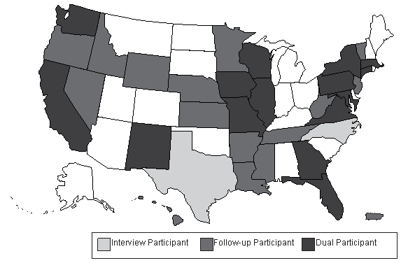 This illustration is a map of the United States and Puerto Rico. The legend of the map states that States who participated in the interviews have no color fill, States who participated in the follow-up Web activity have a light gray fill, and States who participated in both activities have a dark gray fill.