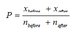 Figure 29. Equation. Combined proportion of vehicles encroaching on a lane line between the before and after data-collection periods. P equals the sum of x subscript before and x subscript after, end of sum, that sum divided by the sum of n subscript before and n subscript after. 