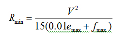 Figure 5. Equation. Minimum radius of horizontal curvature. R subscript min equals V squared divided by the following: 0.01 times e subscript max, to that product add f subscript max, end of sum, that sum multiplied by 15.
