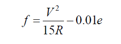 Figure 6. Equation. Required side friction factor. Required side friction factor equals V squared divided by the product of 15 and R, from that quotient subtract the product of 0.01 and e.