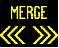 Figure 48. Graphic. Merge left or right with legend option used in first simulator study (chevrons were streaming). This figure shows an active traffic management sign with yellow text reading â€œMERGEâ€� and thin yellow chevrons pointing to the left and the right, indicating a split merge ahead.