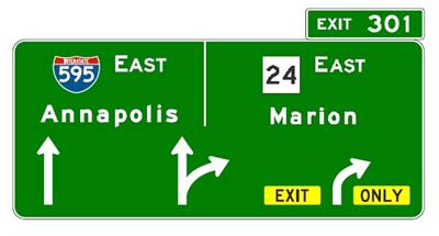 Figure 12-B. Graphic. Blended arrow guide sign (arrow-per-lane). This sign provides a route shield and cardinal direction for both the through destination and the exiting lanes, separated by a vertical divider line. The sign includes upward-facing arrows above each lane, and the rightmost arrow is surrounded by the E11-1a Exit panel and E11-1b Only panel indicating the exit only lane.