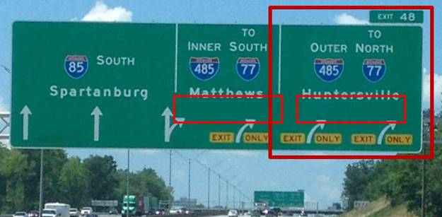 New installation of blended arrow guide sign in North Carolina. This photo illustrates composite signing with no distances displayed to the exit—or exits, in the case of multiple exits from the mainline, which are also composite-signed with this same approach in other places. In figure 16, two red rectangles toward the bottom of two of the three sign segments show the lack of displayed distances. In addition, in figure 16, a red square encompassing the right-side segment of the sign highlights how this sign design does not separate the two right-exit-only lanes into a separate panel.