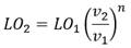 LO subscript 2 equals LO subscript 1 times the quotient of open parenthesis v subscript 2 divided by v subscript 1 close parenthesis to the n power.