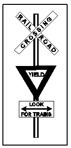 Railroad crossing, yield and look for trains sign