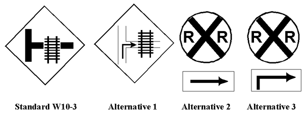 Figure 23. Standard W10-3 sign and alternative sign designs evaluated by Picha, Hawkins, and Womak (1995).