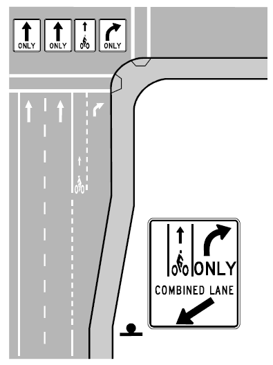 Right-turn lane shared by bicyclists and motorists.