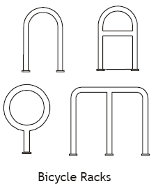 The first type of device is a bike rack, which can be shaped like an inverted “U”, a lollipop, an inverted “U” with a cross brace, or an inverted W. 