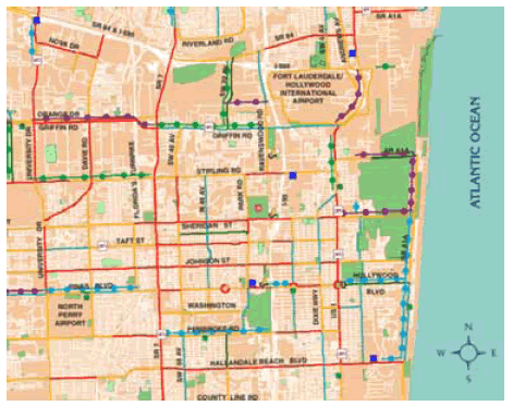 Figure 4–6. Illustration. A bicycle route map provides bicyclists with information about street characteristics by using different color codes.