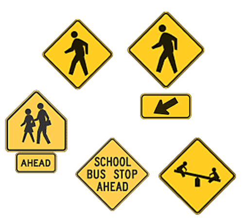 This picture shows several examples of warning signs from the Manual of Uniform Traffic Control Devices.