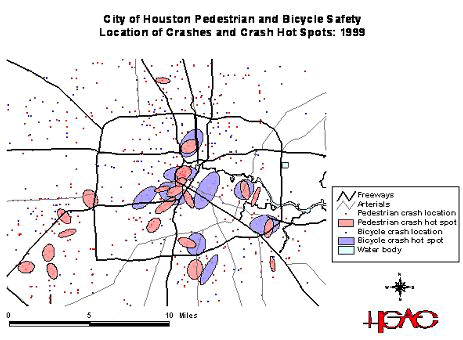 This figure shows a map of Houston with major freeways represented by thick lines and arterial streets represented by thinner lines. Specific pedestrian and bicycle crash locations are indicated by different colored dots. High concentrations of pedestrian and bicycle crashes are certain locations are designated as crash hot spots, and oval-shaped shaded areas are used to indicate these hot spot areas.