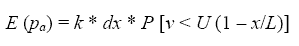E of P subscript A equals K times DX times P bracket V less than U parenthesis 1 minus X divided by L end-parenthesis end-bracket.