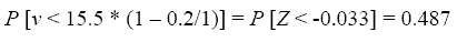 equation 13: P bracket V less than 15.5 times parenthesis 1 minus 0.2 divided by 1 end-parenthesis end-bracket equals P bracket Z less than negative 0.033 end-bracket equals 0.487.