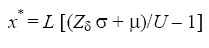 equation 19: X raised to star equals L times bracket parenthesis Z subscript delta times sigma plus mu end-parenthesis divided by U minus 1 end-bracket.