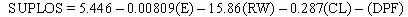 Figure 1. Equation. Basic Shared–Use Path Level of Service (SUPLOS) model. Acronym SUPLOS equals 5.446 minus the total of 0.00809 times E, minus the total of 15.86 times RW, minus the total of 0.287 times CL, minus DPF.