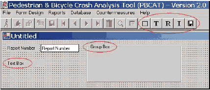 The active buttons on the toolbar can also be used to enter group and text boxes, rename the form, reindex the data entry sequence, and save the form. 