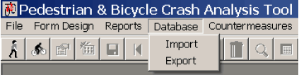The Database menu includes options for importing and exporting data