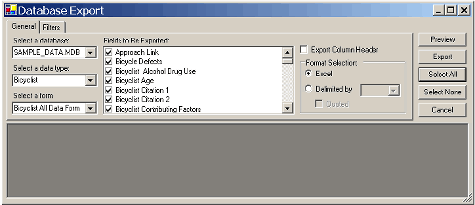 The Export window allows the user to select the database and fields to be exported, and to choose the format options