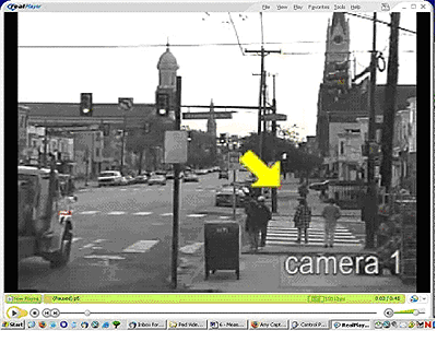 Figure 2. Sample Video Clip for Pedestrian Survey. There are two cameras positioned along the sidewalk parallel to Allegheny that capture the north-south crosswalk on the west side of the intersection. Camera 1 is on the west side of Allegheny, several yards north of the intersection. Camera 2 is on the west side of Allegheny, several yards south of the intersection. The video clip shows the views from both cameras.