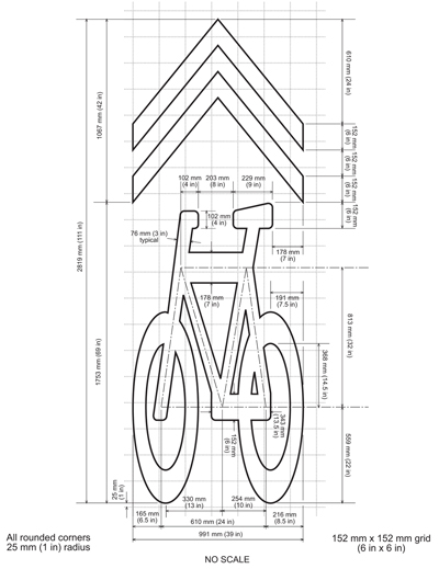 Illustration. Specifications for the sharrow from California MUTCD 2010. Click here for more information.