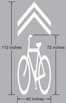 Figure 1. Illustration. Generic version of a sharrow. The figure shows a generic sharrow that is white on a gray background. There is a double arrow pointing up with a silhouette of a bicycle below it that is facing the left. The sharrow is 9.25 ft high and 3.25 ft wide.