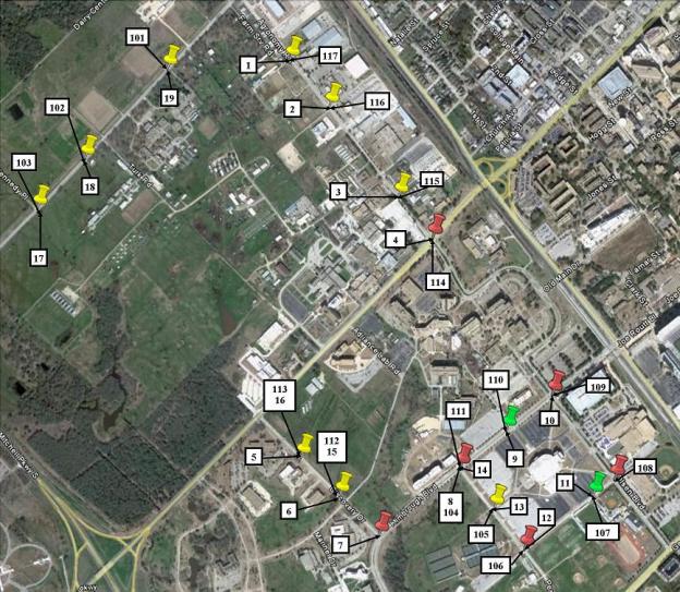 An aerial map shows the crosswalk sites used in the study. Locations on the map are marked by colored push pins and labeled with the identification number used for each crosswalk in the study. Yellow pushpins represent sites with markings newly installed. Red pushpins represent all-way stop-controlled, two-way stop-controlled, and signal-controlled intersections. Green pushpins represent sites with existing crosswalk markings.