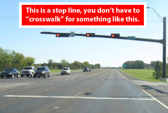 This figure is an example of a photograph included in the training slide show. The photograph shows a stop line at a signalized intersection without crosswalks. The words "This is a stop line, you don't have to say "crosswalk" for something like this," are included in a red box on the top portion of the photo. This slide was intended to provide an example of a situation not requiring action by the participant during the study.