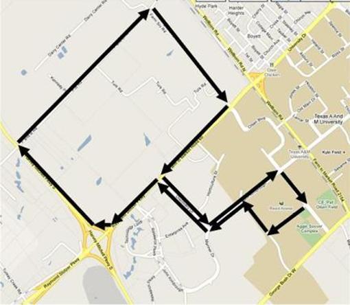 Map shows the clockwise route driven by the participant around Texas A&M University's west campus. The route is traced in black arrows on the map.