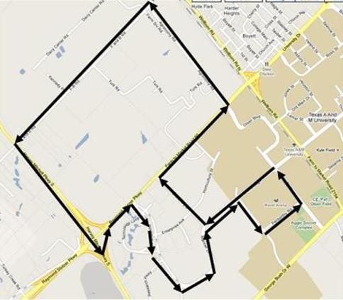 Map shows the counterclockwise route driven by the participant around Texas A&M University's west campus. The route is traced in black arrows on the map.