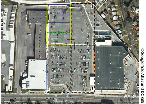 Figure 12. Photo. Parking lot/garage location data collection configuration. This figure shows an aerial view of a parking lot with more than six driving lanes divided into four sections. Each section has two simultaneous observers. The top left section is labeled 1 and is outlined in yellow, the top right section is labeled 2, the bottom right section is labeled 3, and the bottom left section is labeled 4. Section 1 is further divided into a top section (outlined in purple) and a bottom section (outlined in green). Both the top and bottom are further divided into three vertical sections labeled A, B, and C.