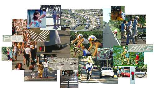 Collage of transporation photos, primarily pedestrians and bicyclists